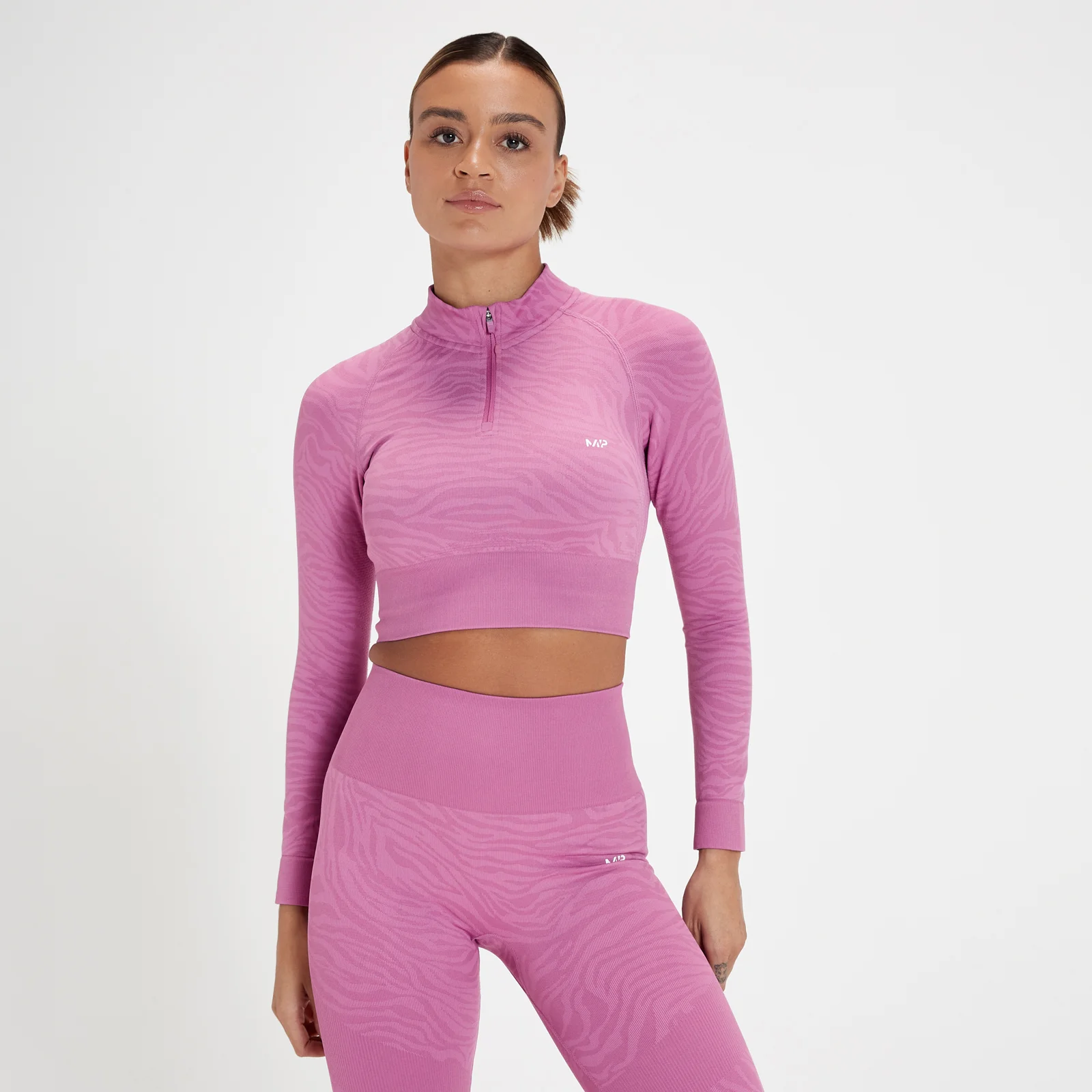 MP Tempo Seamless 1/4 Zip Crop Top til kvinder - Blomsterpink zebra - XXS Billede 1