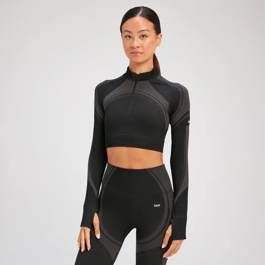MP Tempo Ultra Seamless Long Sleeve Crop 1/4 Zip til kvinder – Sort - XS