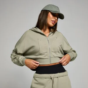 MP Cropped Applique Zip Through Hoodie til kvinder − Deep Sage - Size L