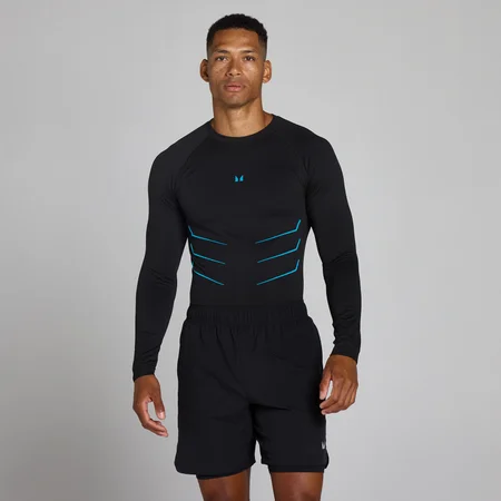 Lift sømløs langærmet top med muscle fit - Vasket Sort/Power Blue