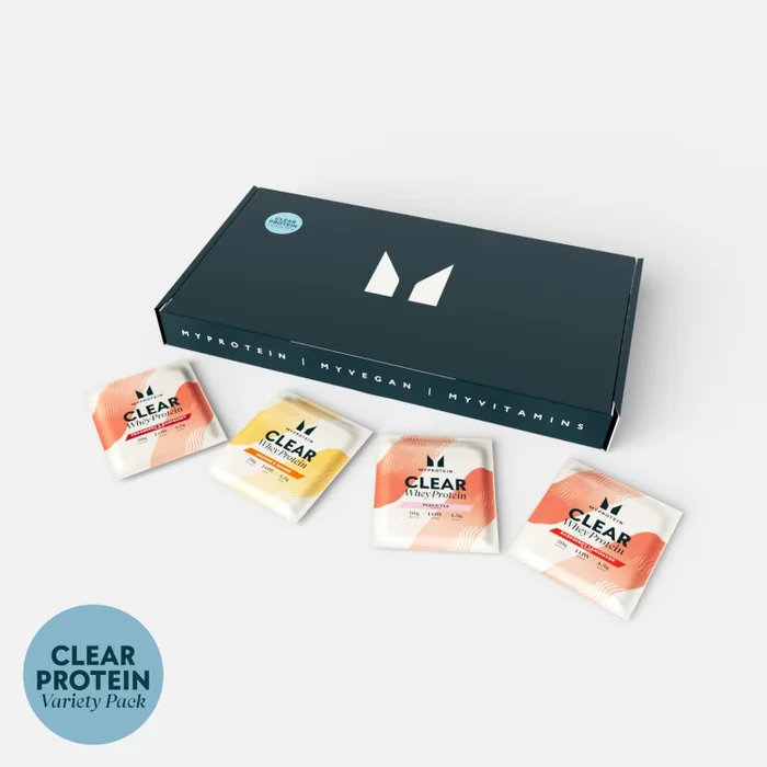 Clear Whey-udvalgspakke i forskellige smagsvarianter som cranberry & hindbær samt appelsin & mango.