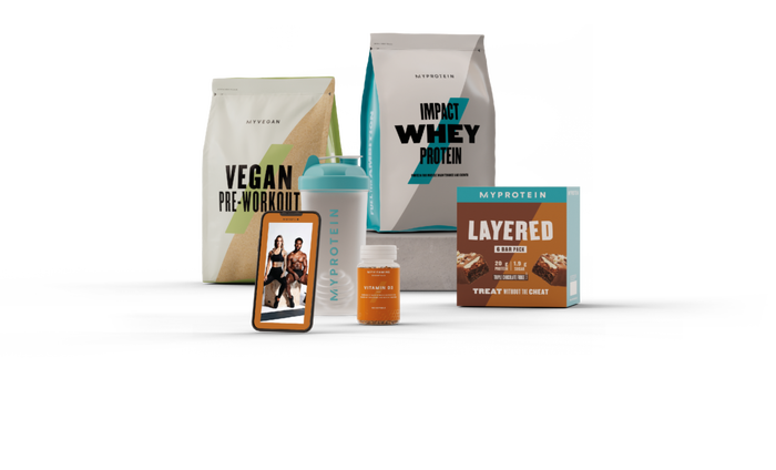 En blanding af proteinprodukter fra Myprotein og Myvegan til at opbygge muskler.